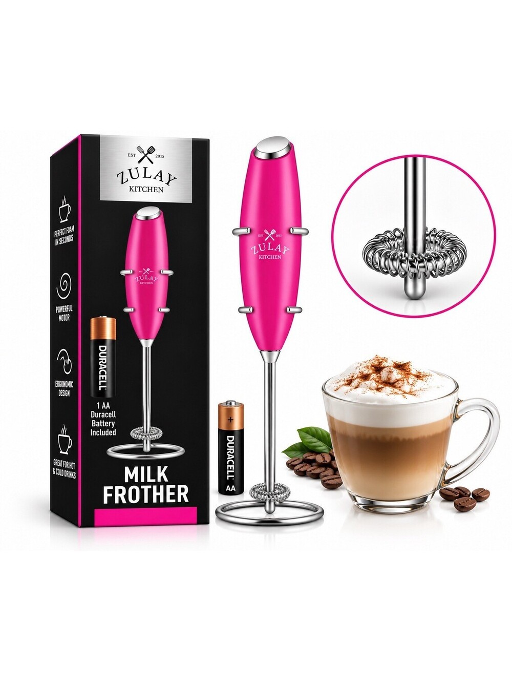 🩷 Zulay Kitchen Milk Frother – Hot Pink – Battery Included – New